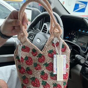 Viral Beaded Cream and Red Strawberry Print Tote Bag